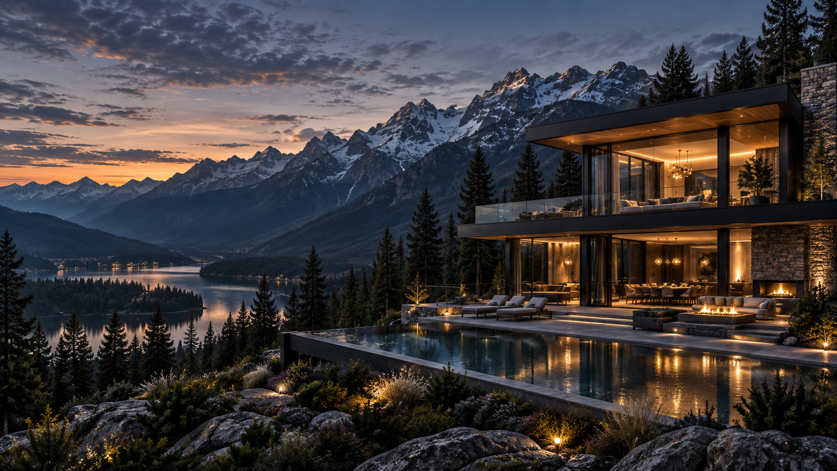 Contemporary mountain residence overlooking an alpine lake at dusk